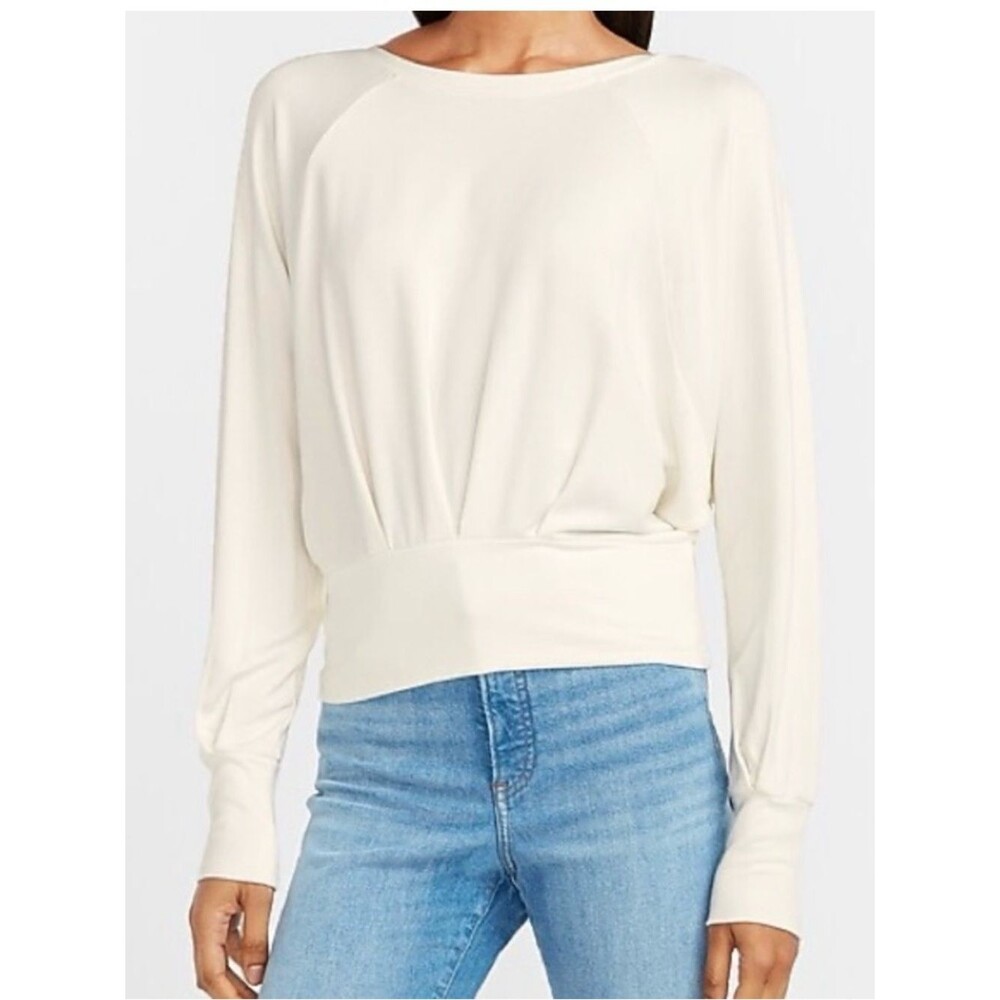Express Cream Long-Sleeve Pullover Top Pleated Front Elastic Waistband Size XS